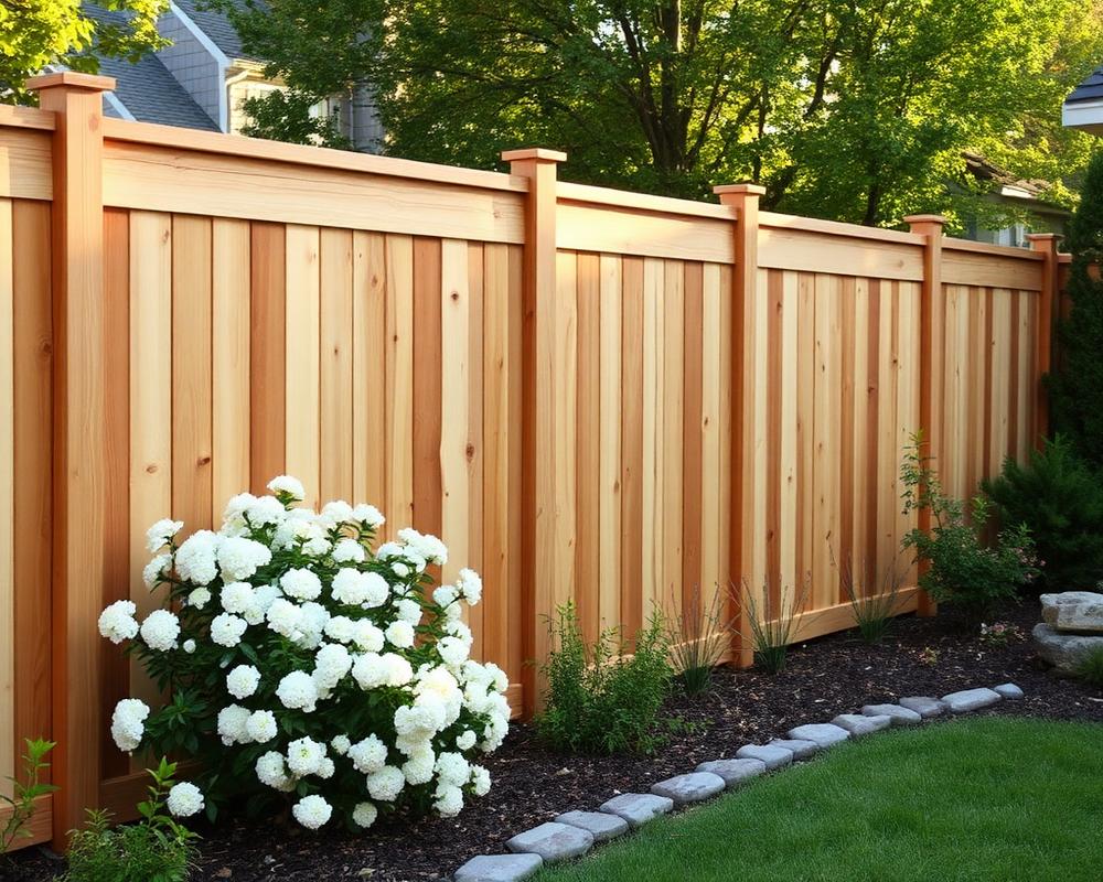 New cedar privacy fence beside landscaped garden beds