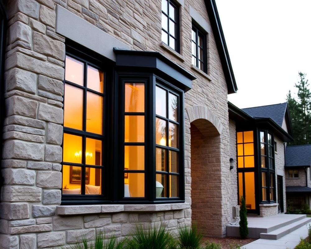 Dark-framed windows on a stone home exterior