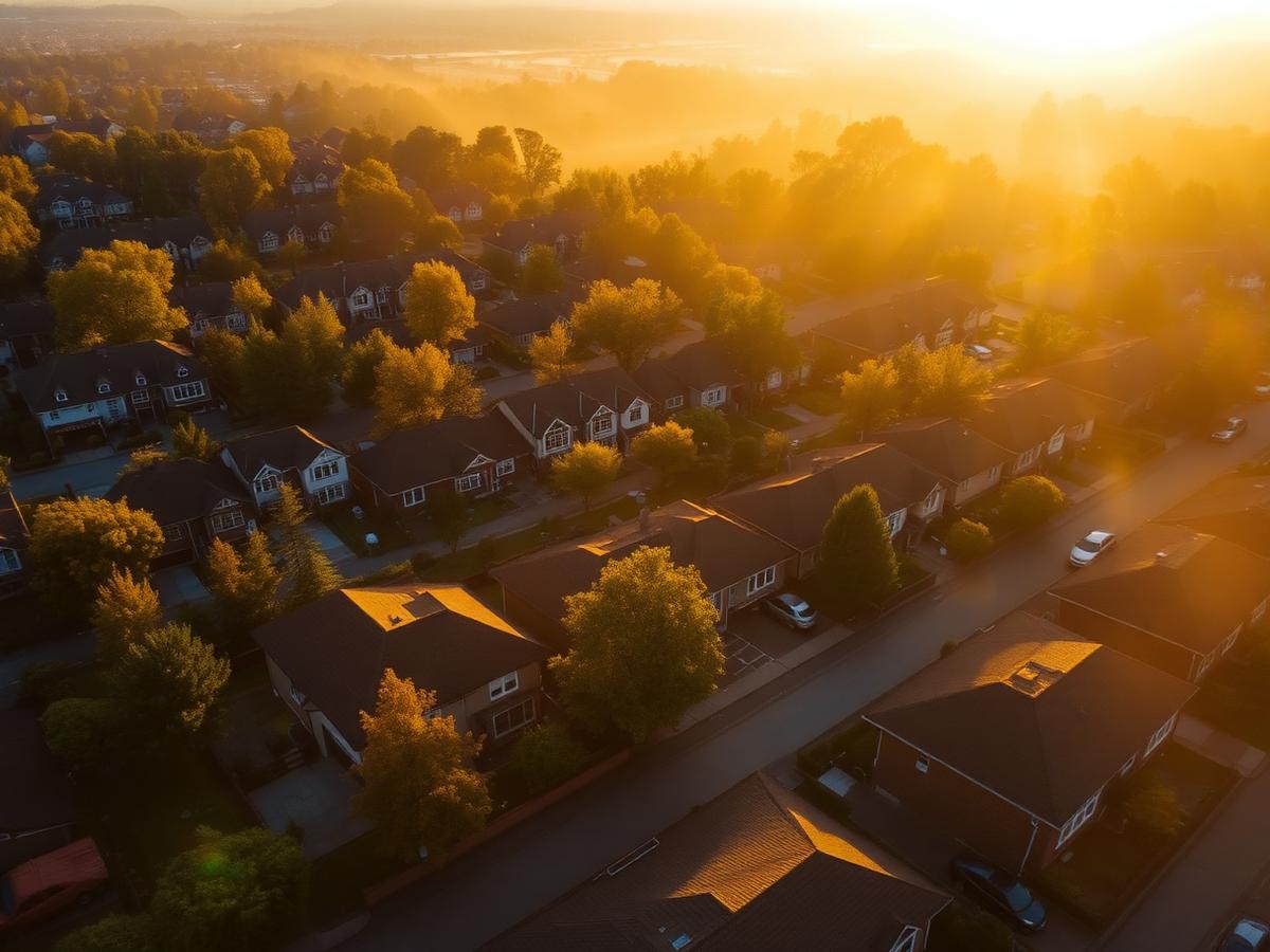 Neighborhood rooftops glowing in early morning sunlight