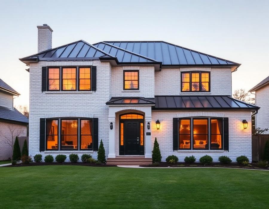 White brick home with a new dark metal roof