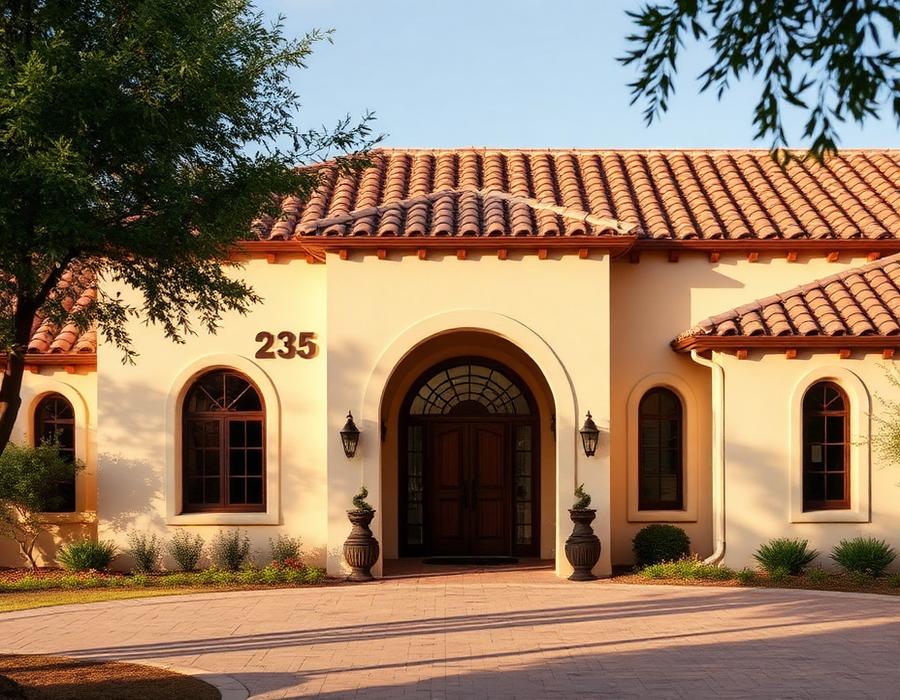 Stucco home with a restored clay tile roof