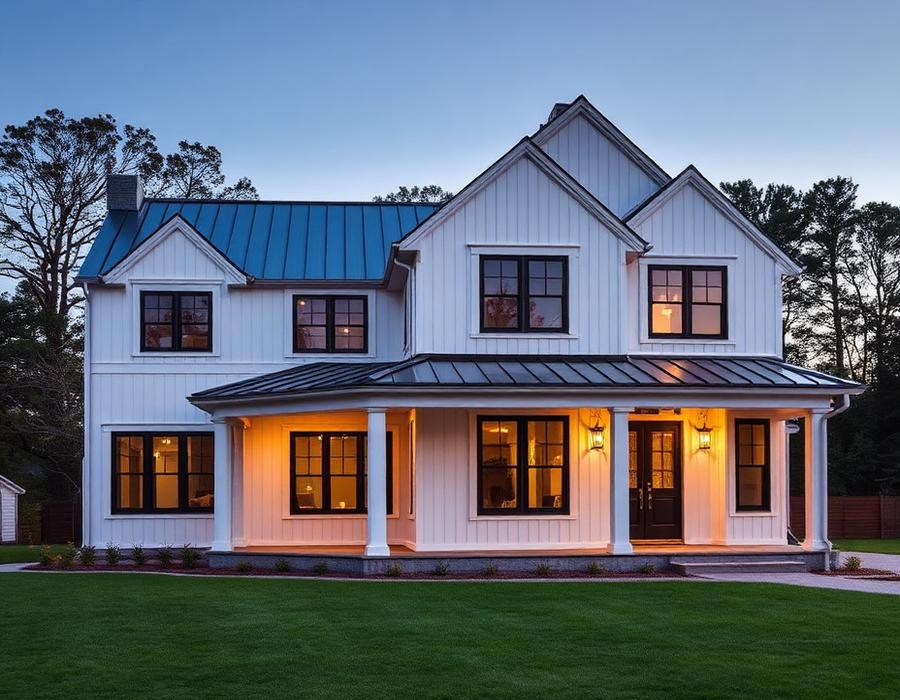 Modern farmhouse with board-and-batten siding and black windows